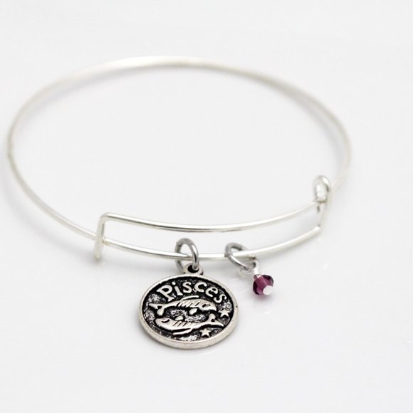 February Pisces Adjustable Charm Bangle - Handmade Zodiac Bracelet - Picture 9 of 11